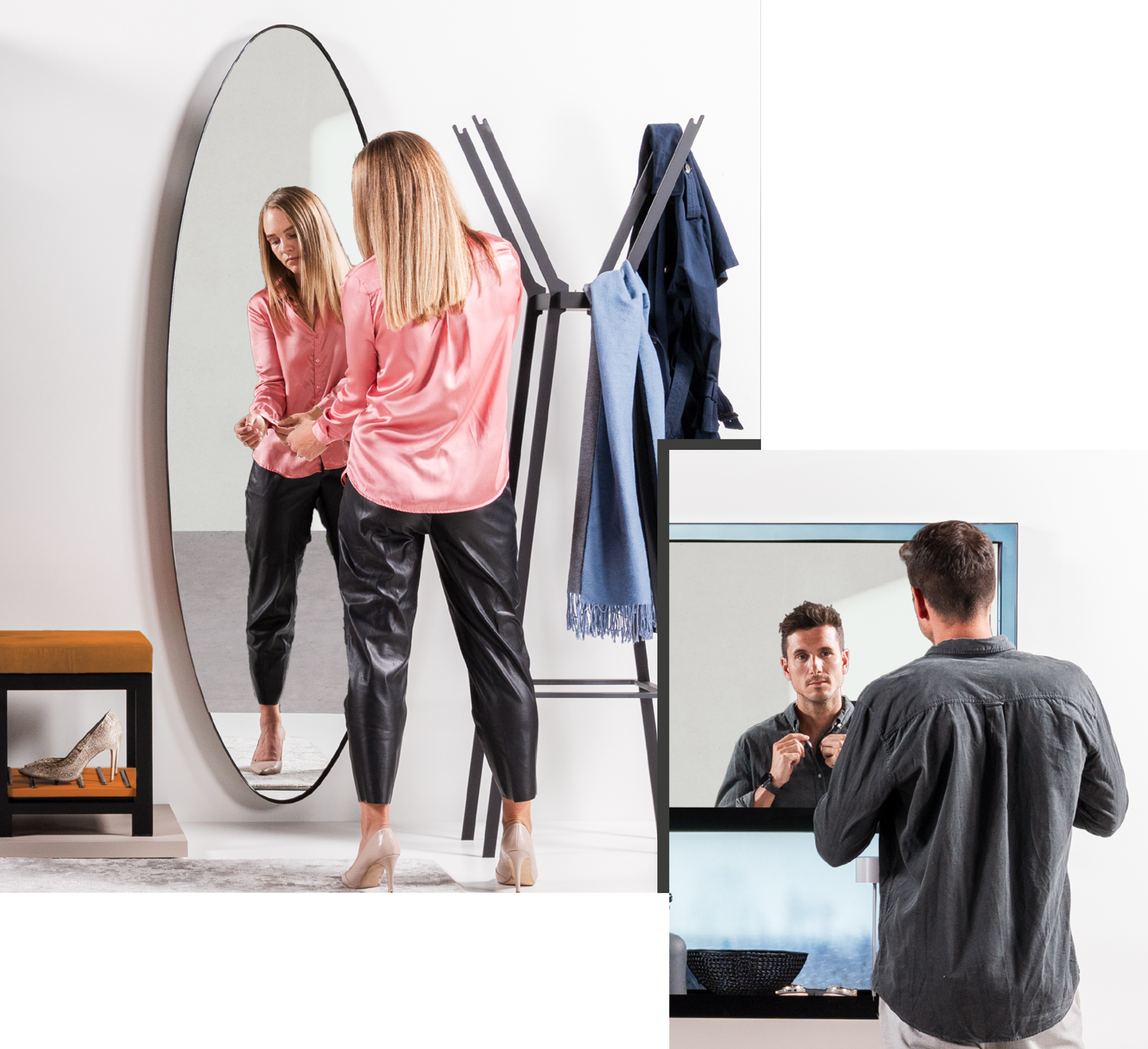 Im Vorzimmer stehen eine Frau und ein Mann jeweils vor einem Spiegel und richten ihre Kleidung.