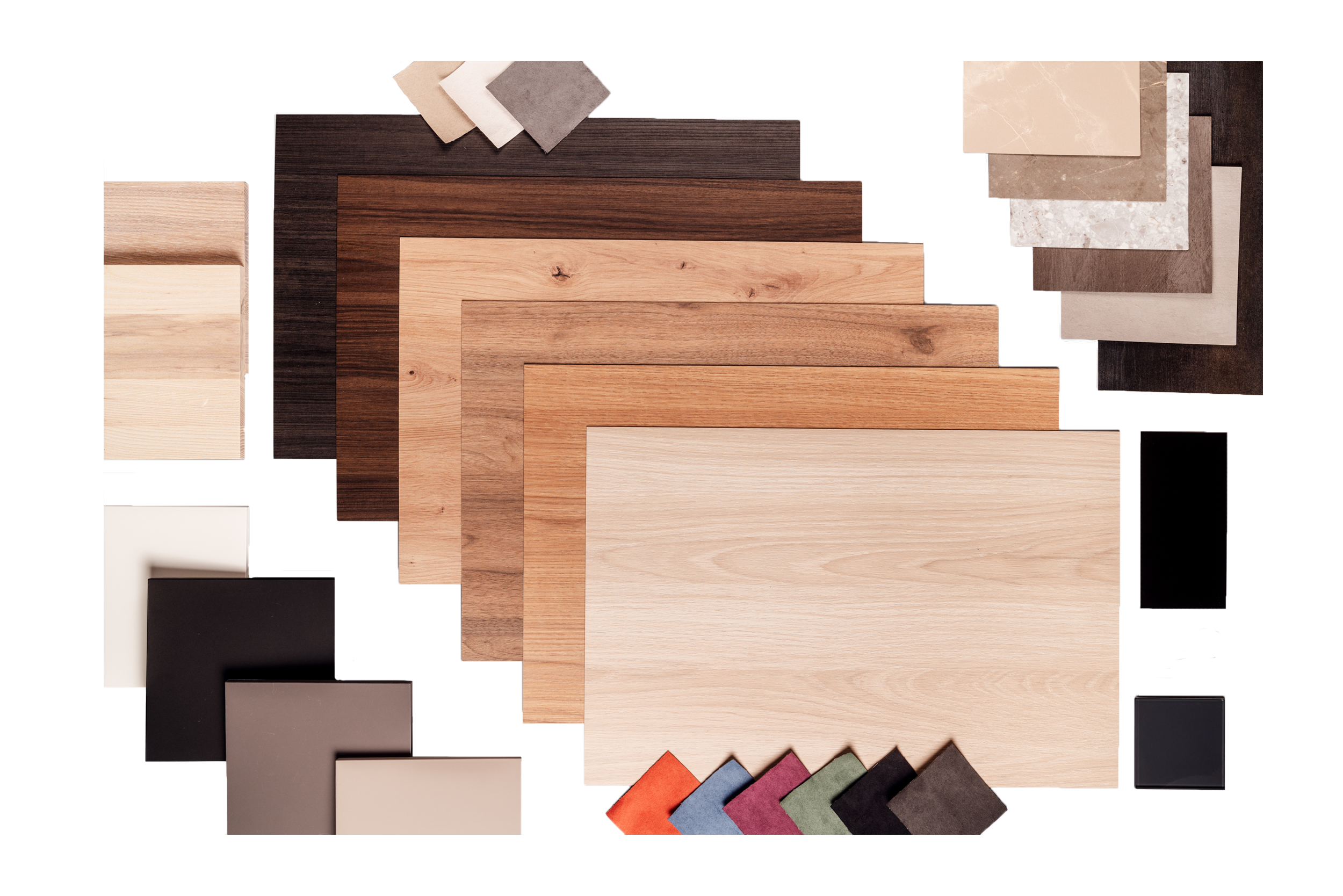 Ein Materialmoodboard aller verfügbaren Materialien ist symbolisch für die Unterseite 'Muster bestellen' dargestellt.