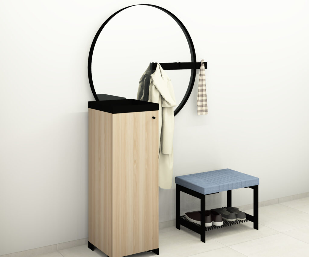 Garderobe mit rundem Spiegel, Kleiderhaken, Korpus und Sitzbank Unser Schuhschrank bietet nicht nur ausreichend Platz für Ihre Schuhe, sondern auch eine bequeme Sitzbank und einen praktischen Spiegel. Ausgesuchte Materialien garantieren eine herausragende Qualität und Langlebigkeit.
