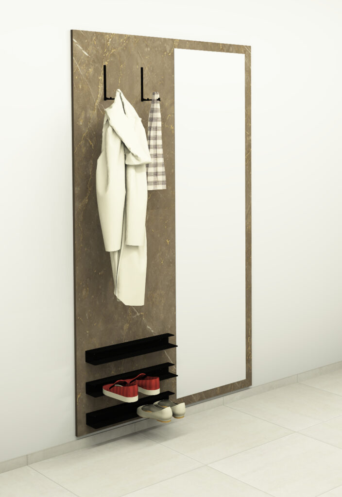 Wandpaneel mit Spiegel, Schuhhalterungen und Kleiderhaken roomig-vorzimmer-garderoben-set-wandpaneel