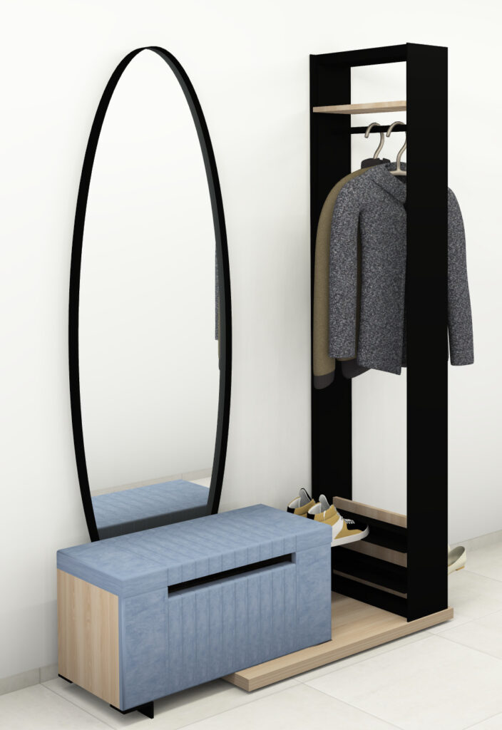 Modernes Vorzimmer mit ellipsenförmigem Spiegel, Sitztruhe und Rahmen inklusive Kleiderstange sowie Schuhablagen roomig-vorzimmer-garderobe-platzsparend-modern